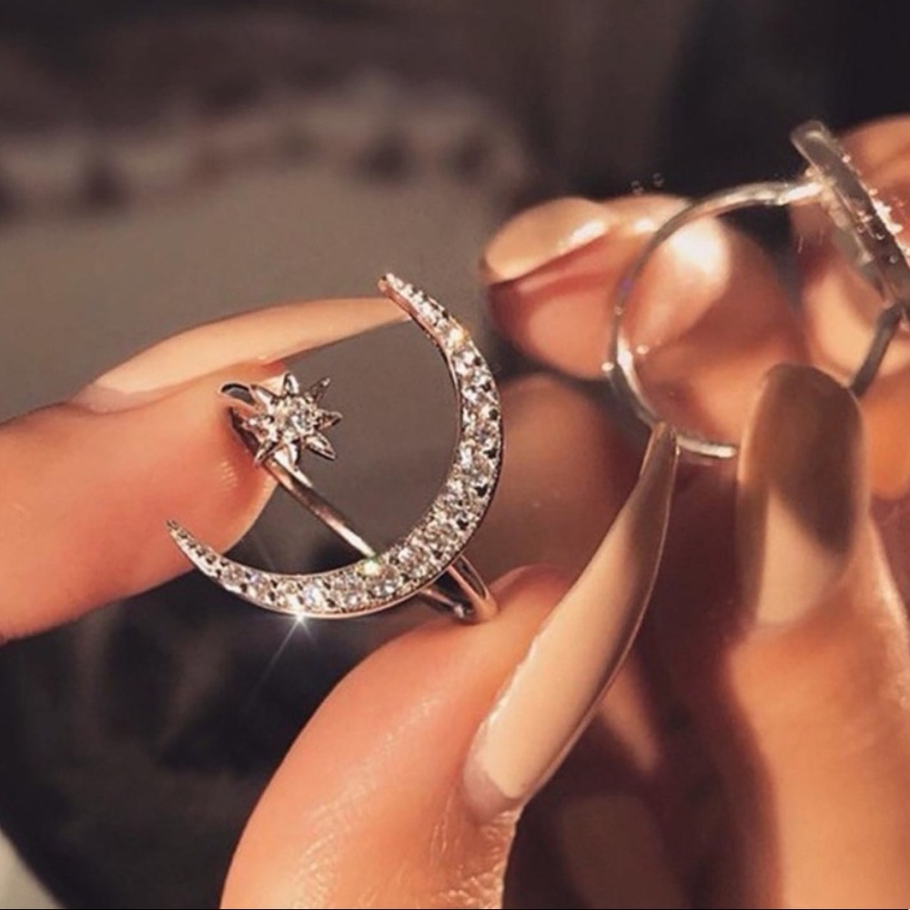 *Sterling Silver Diamond Moon Star Adjustable Ring - Picture 3 of 6